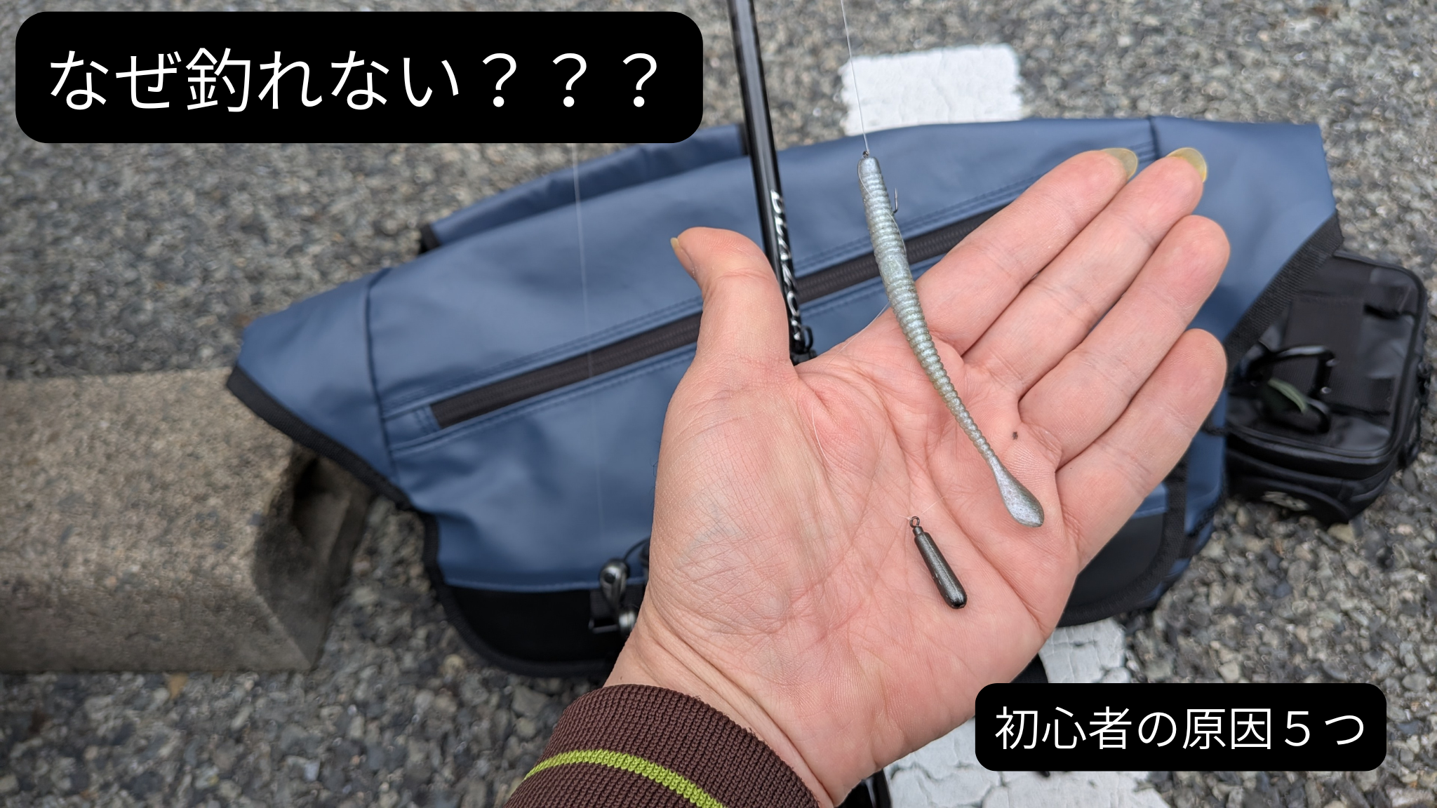 バス釣り初心者向けのダウンショットリグ。手のひらにワームとシンカーを乗せた実釣イメージ。